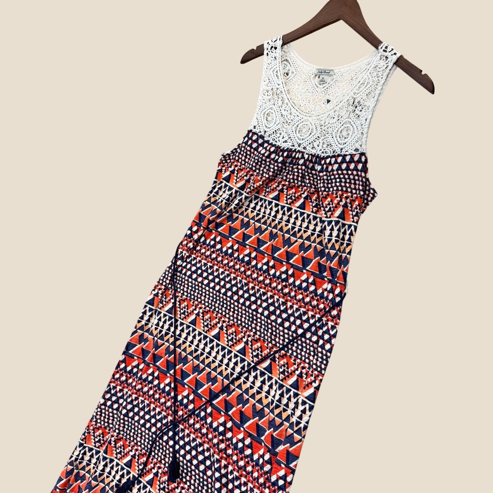Lucky Brand Maxi Dress Women M Orange Blue Geometric Crochet Yoke Sleeveless